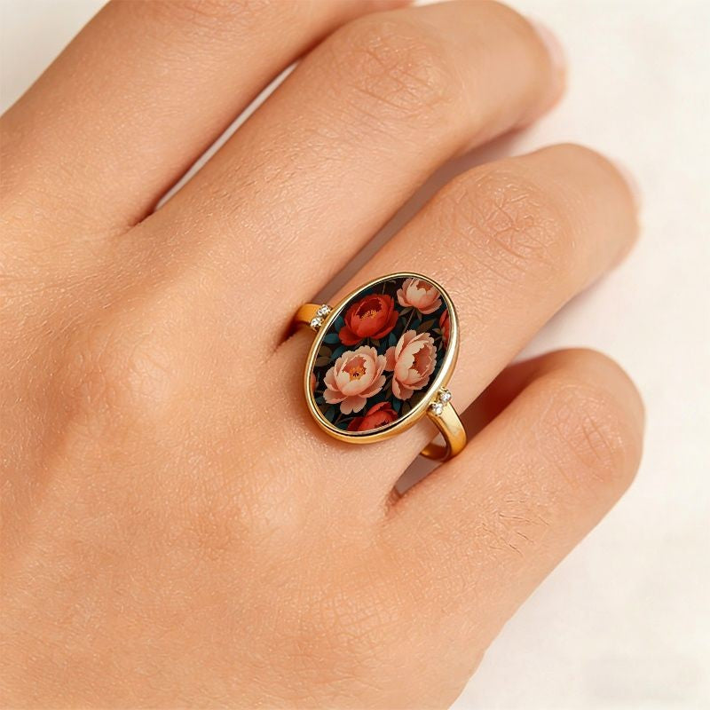 Coral Peony Oval Ring