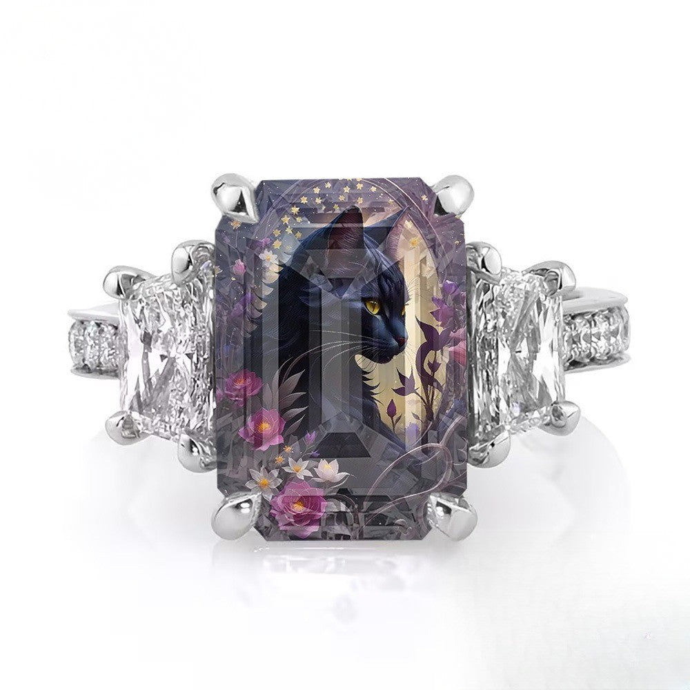 Black Cat & Purple Floral Ring