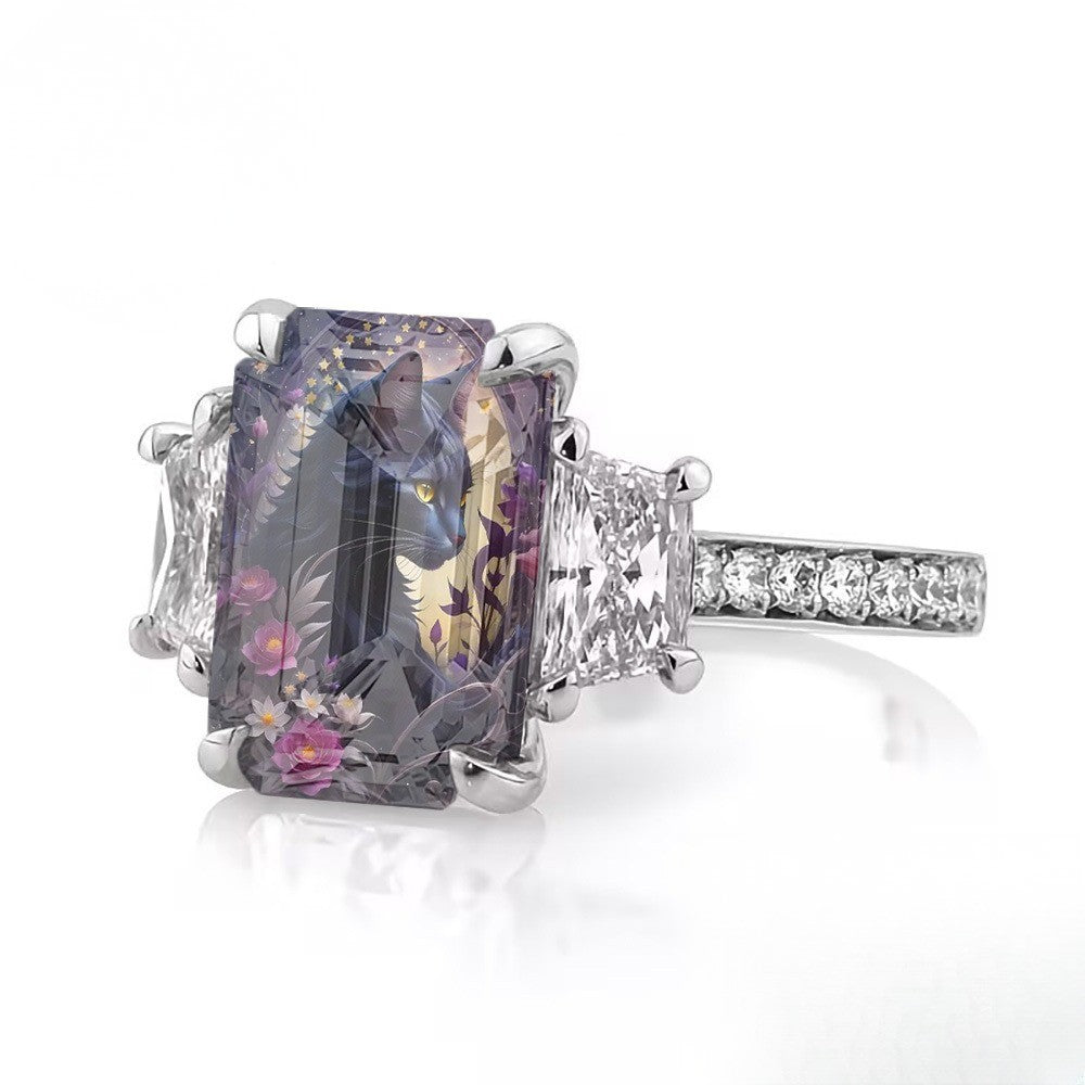 Black Cat & Purple Floral Ring