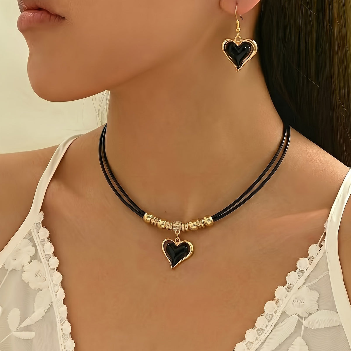 Black Heart Cord Necklace & Earring Set