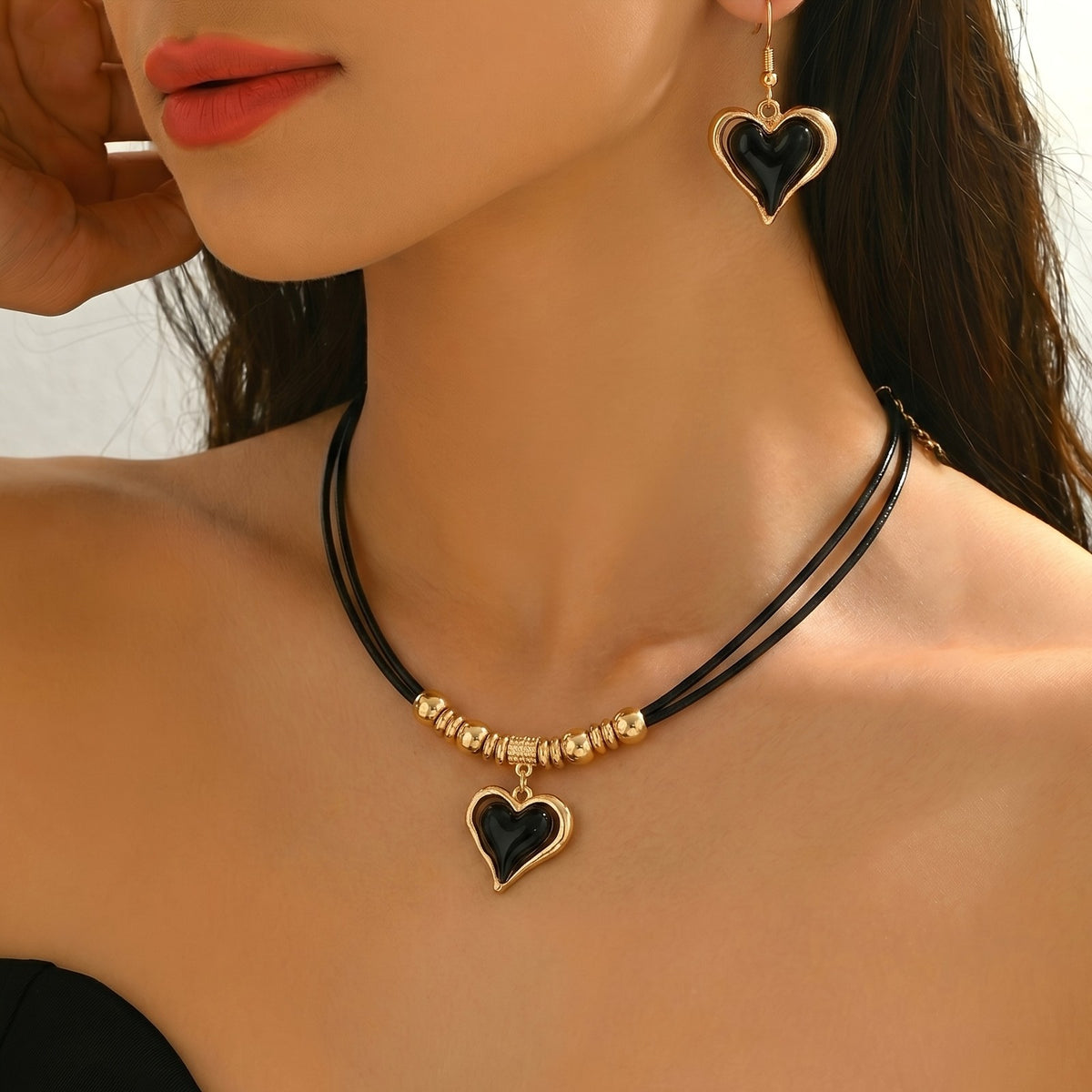 Black Heart Cord Necklace & Earring Set