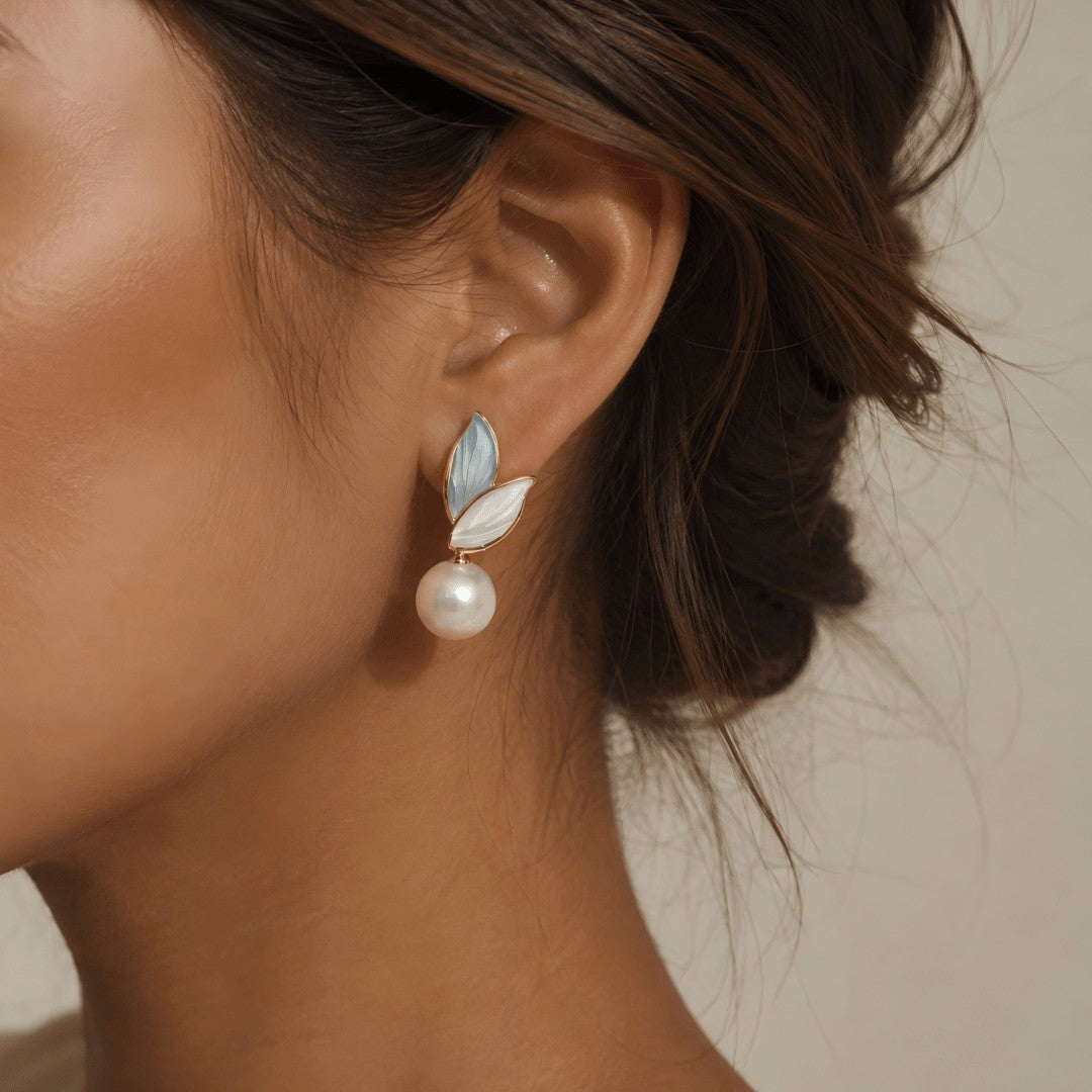 Blue Leaf Pearl Drop Earrings