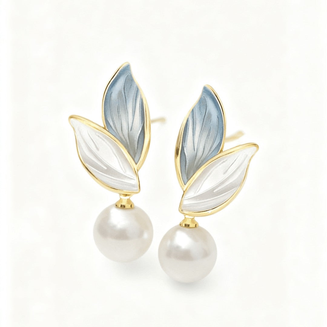 Blue Leaf Pearl Drop Earrings