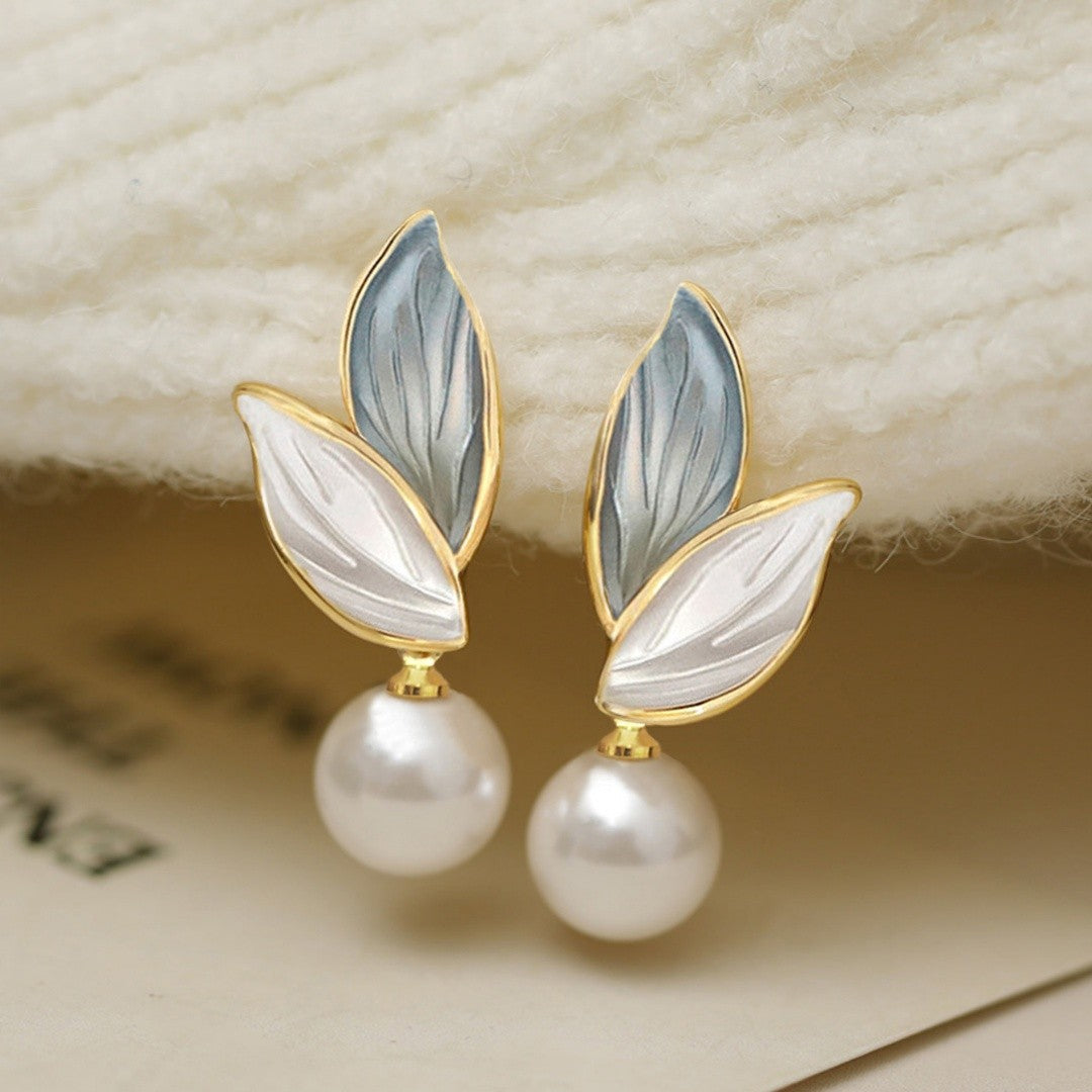 Blue Leaf Pearl Drop Earrings