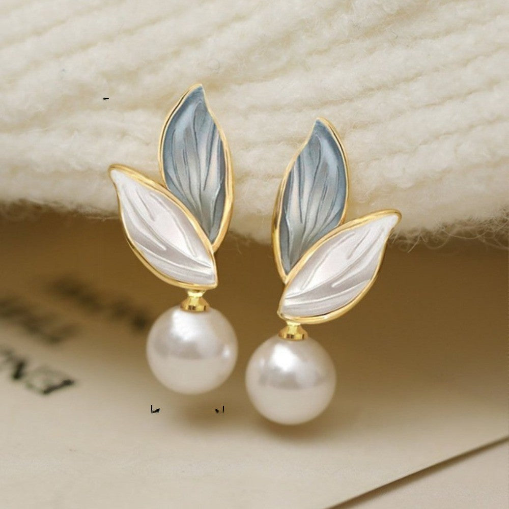 Blue Leaf Pearl Drop Earrings