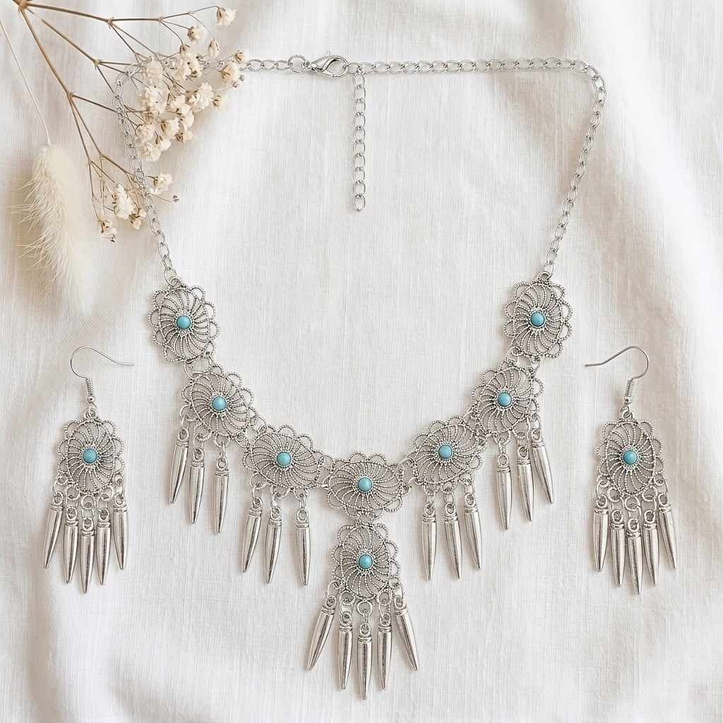 Turquoise Filigree Tassel Jewelry Set