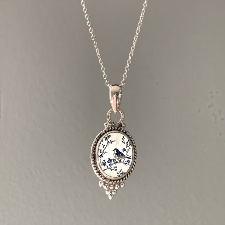 Blue Bird Branch Oval Necklace