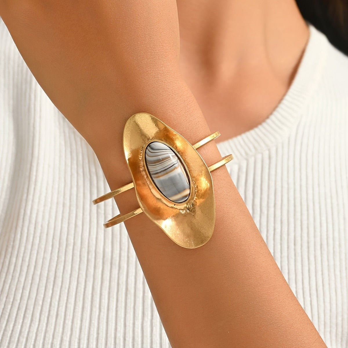 Striped Stone Open Cuff Bangle