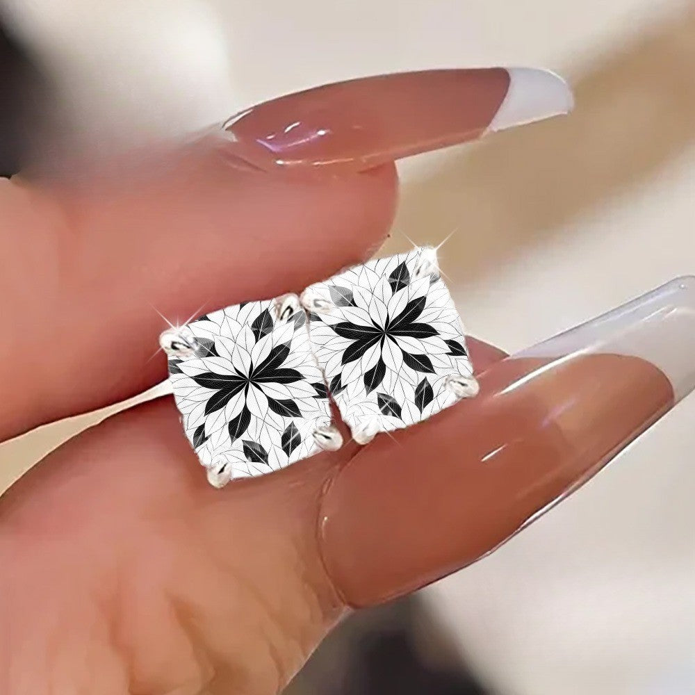 Black & White Floral Square Stud Earrings