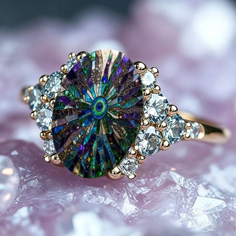 Peacock Mosaic Oval Ring