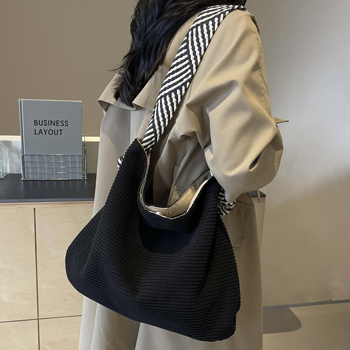 Striped Corduroy Tote Bag