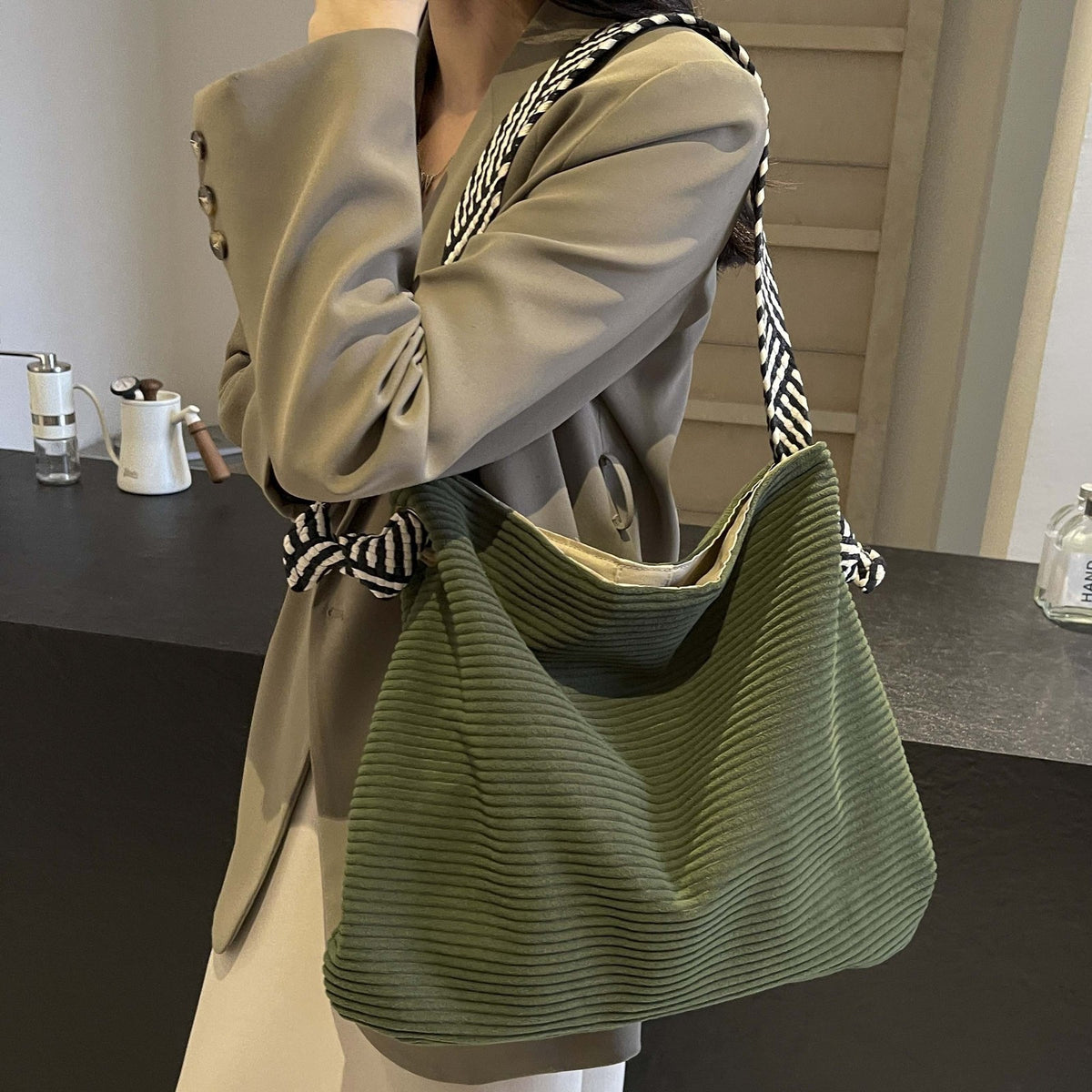 Striped Corduroy Tote Bag