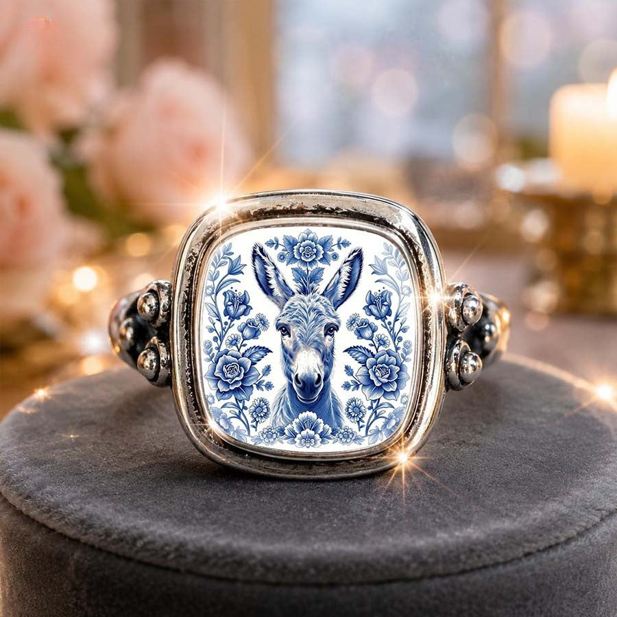 Blue Floral Donkey Portrait Square Ring