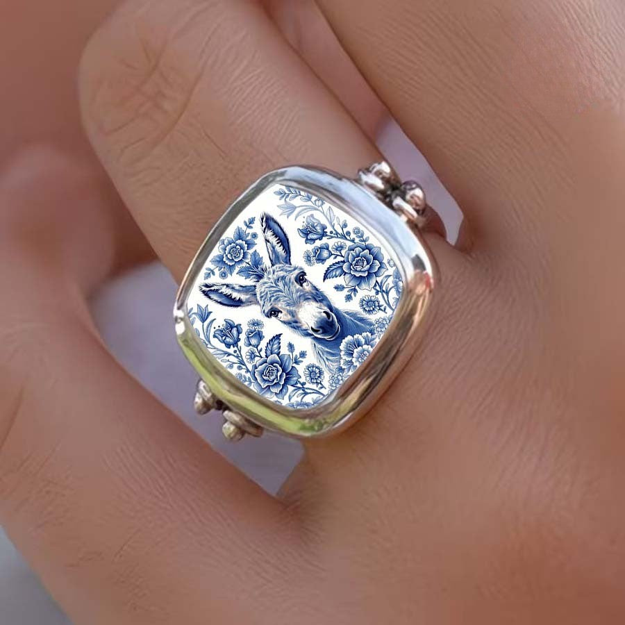 Blue Floral Donkey Portrait Square Ring