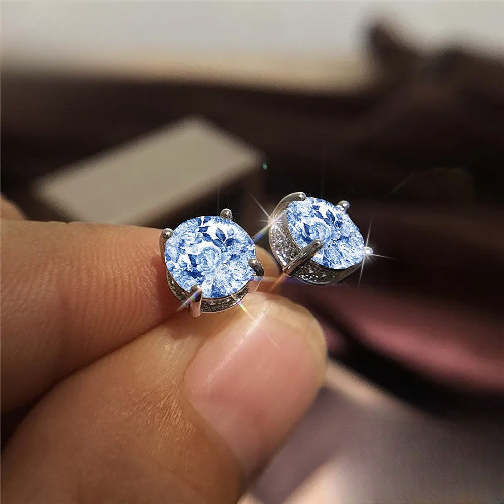 Blue Floral Crystal Halo Stud Earrings