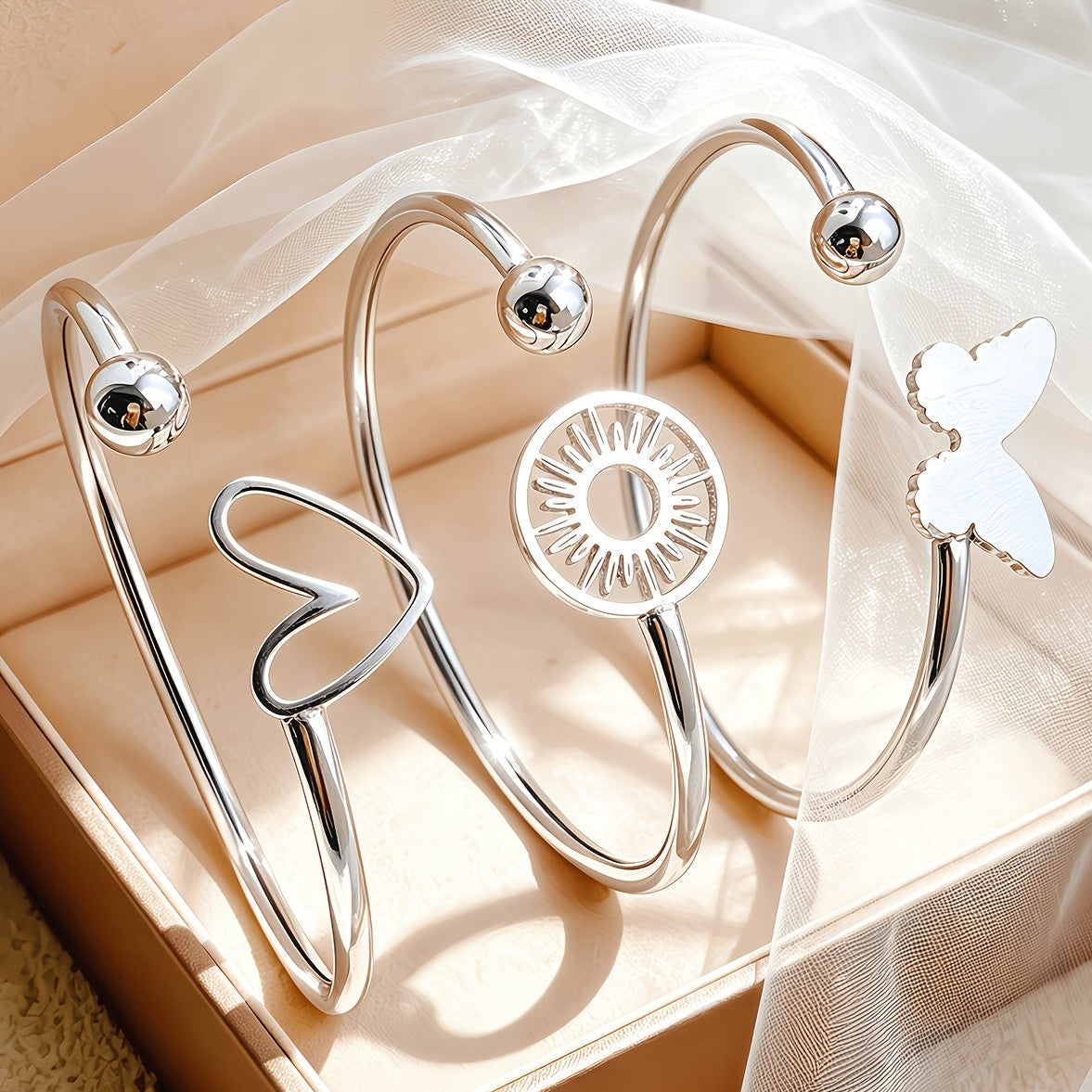 Heart Sun Butterfly Open Bangle