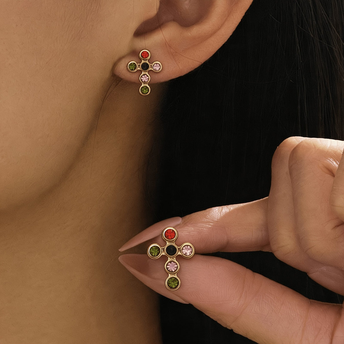 Colorful Gem Cross Stud Earrings