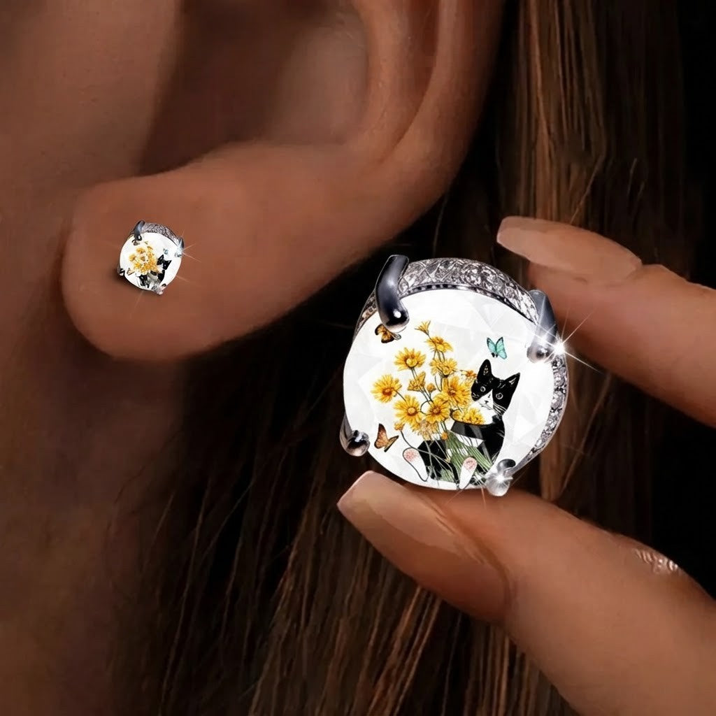 Cat & Daisy Glass Dome Stud Earrings