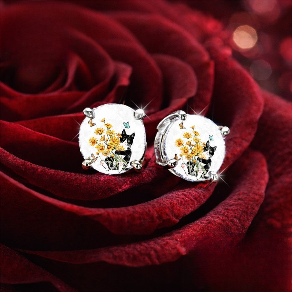 Cat & Daisy Glass Dome Stud Earrings