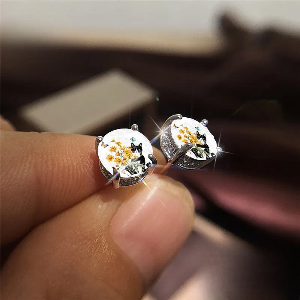 Cat & Daisy Glass Dome Stud Earrings