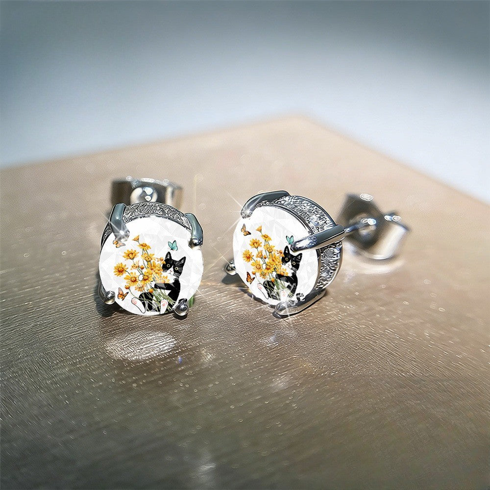 Cat & Daisy Glass Dome Stud Earrings