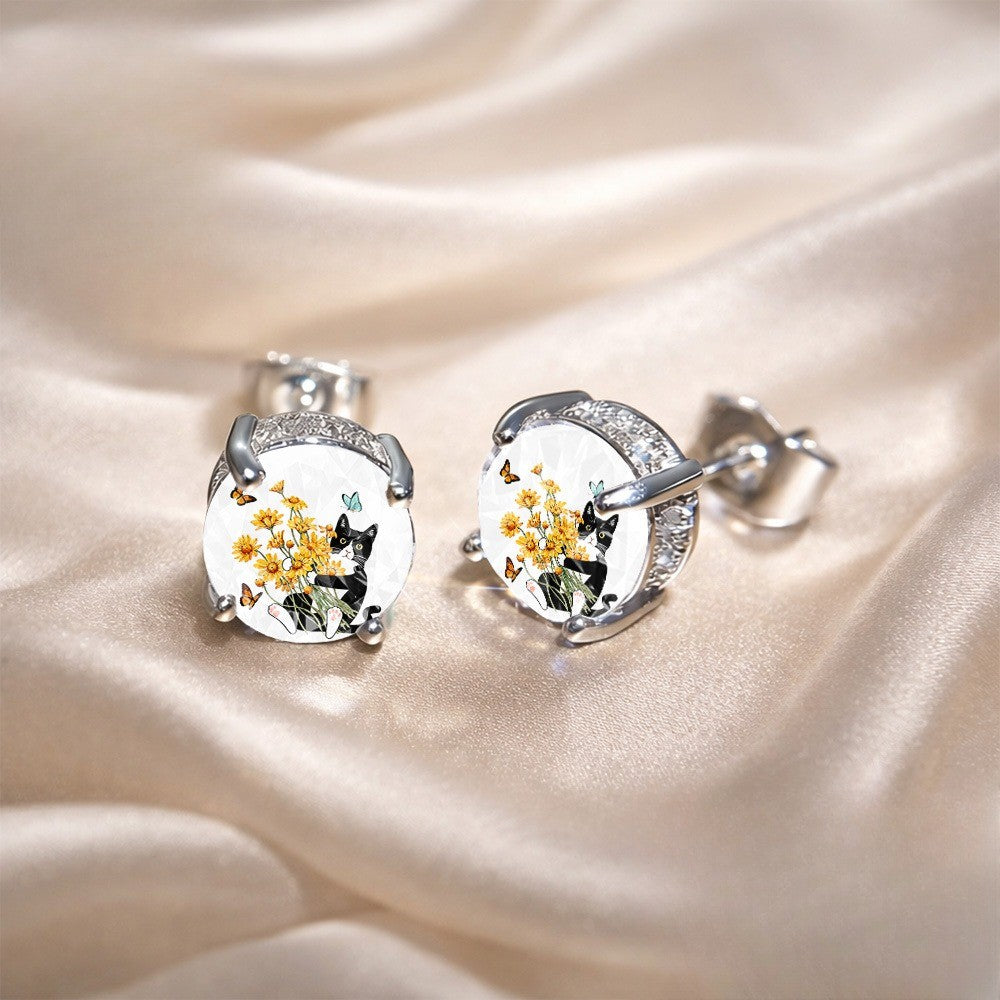 Cat & Daisy Glass Dome Stud Earrings