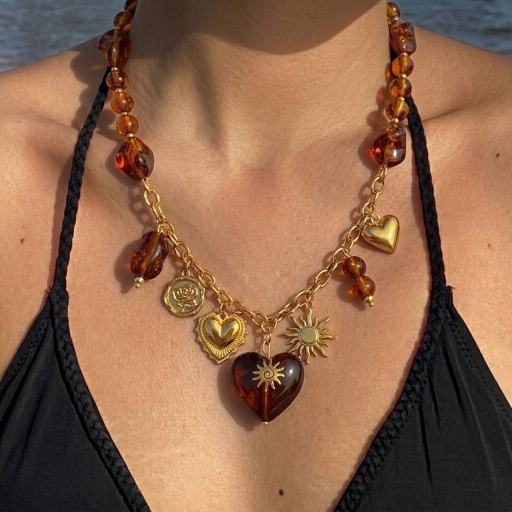 Amber Bead & Heart Charm Necklace