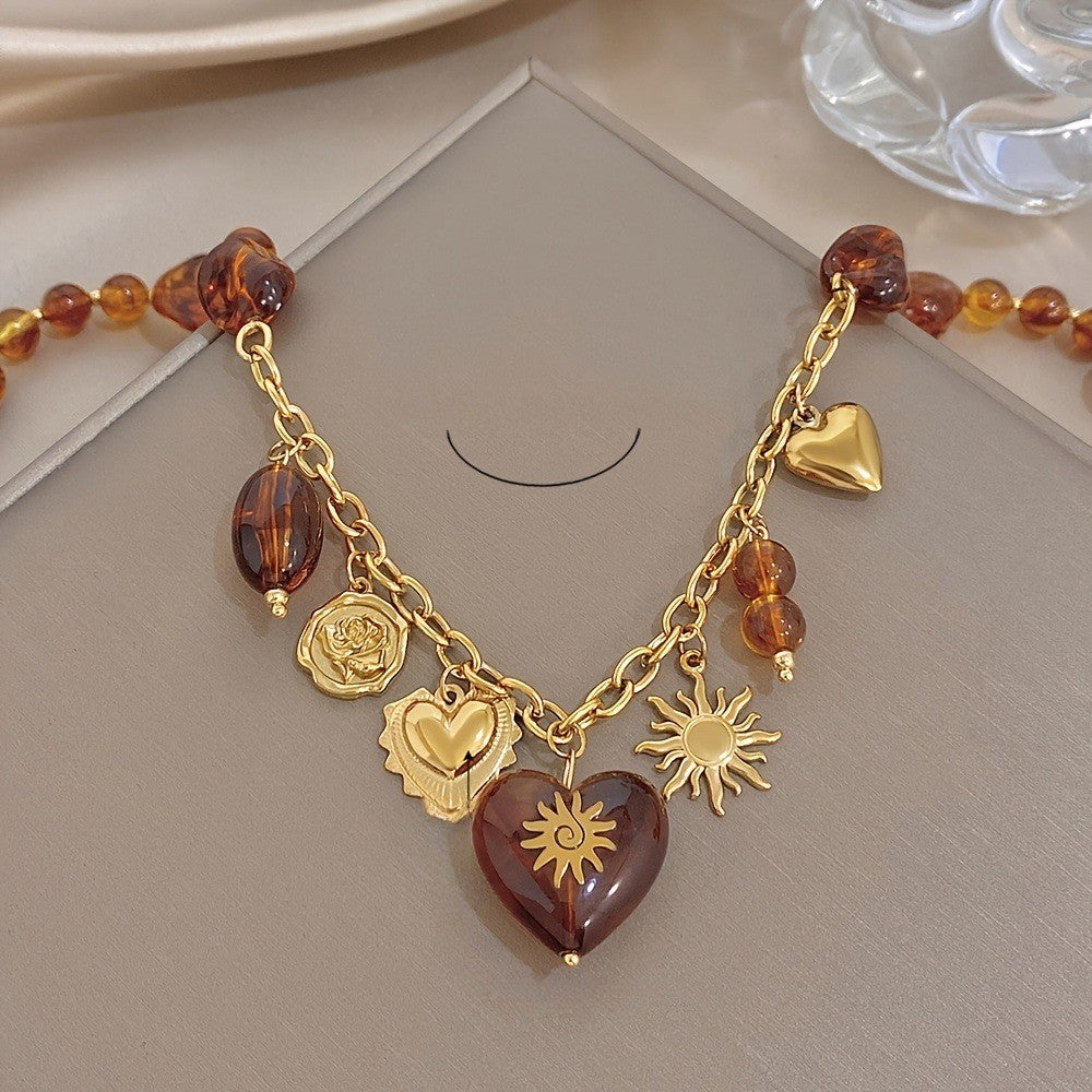 Amber Bead & Heart Charm Necklace