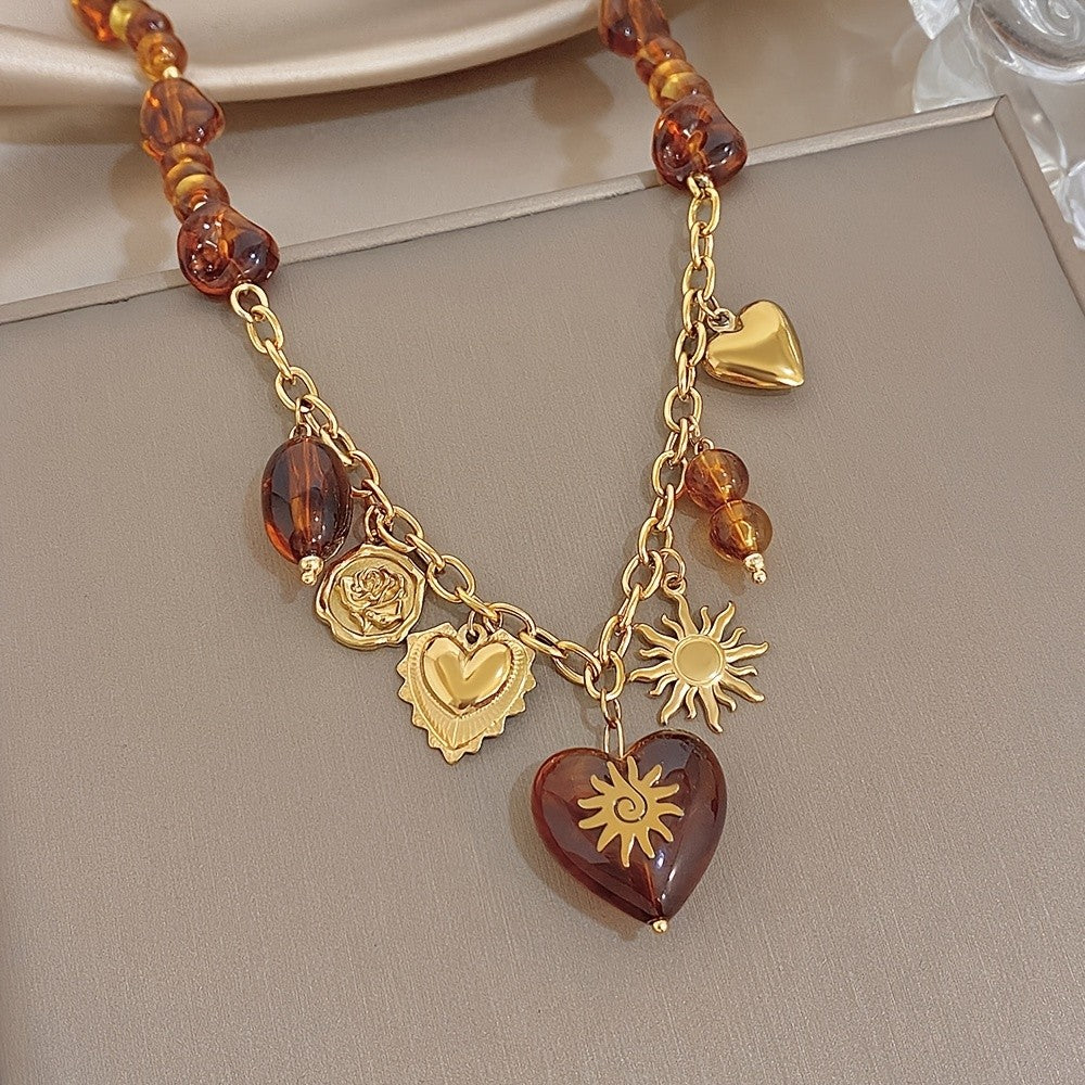Amber Bead & Heart Charm Necklace