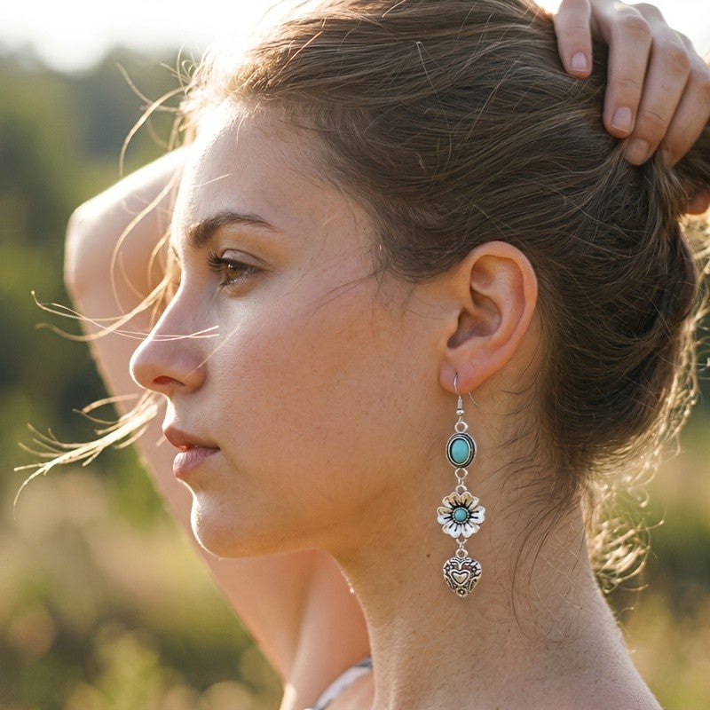 Turquoise Flower & Carved Heart Drop Earrings