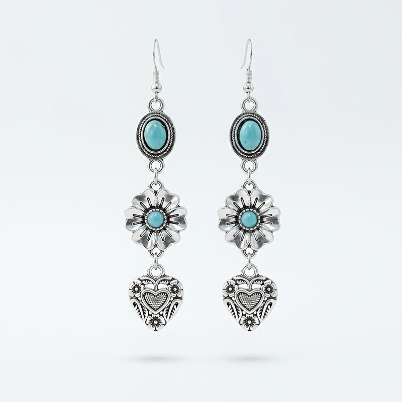 Turquoise Flower & Carved Heart Drop Earrings