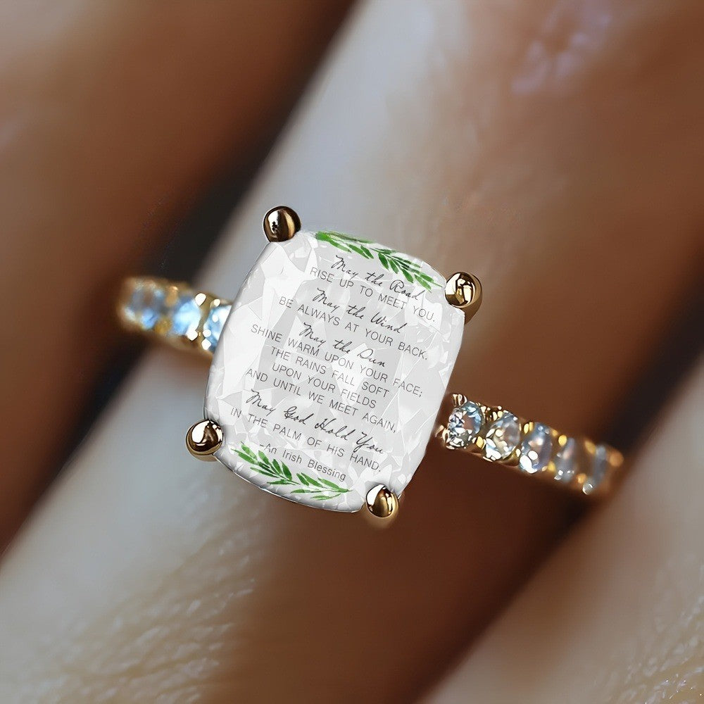 Irish Blessing Leaf Square Ring