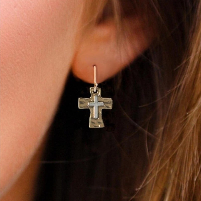 Hammered Cross Drop Earrings