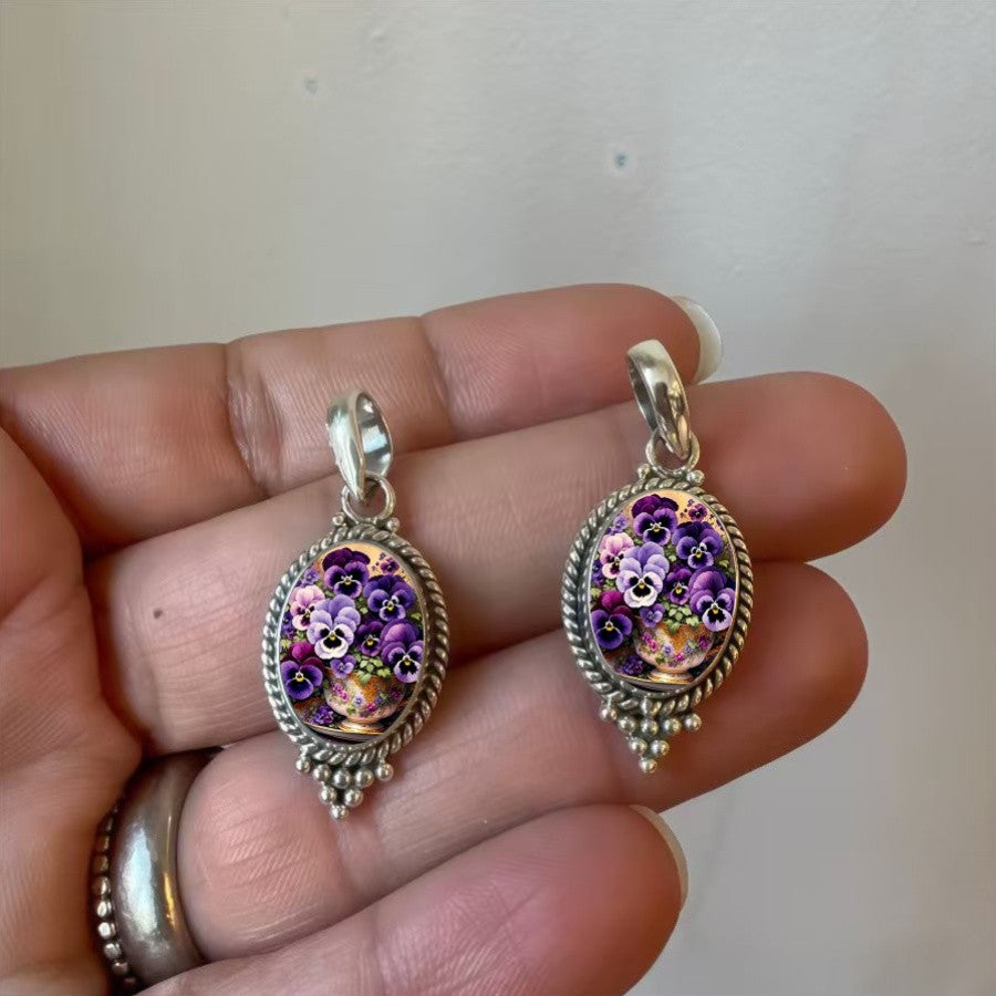 Purple Pansy Oval Pendant Necklace