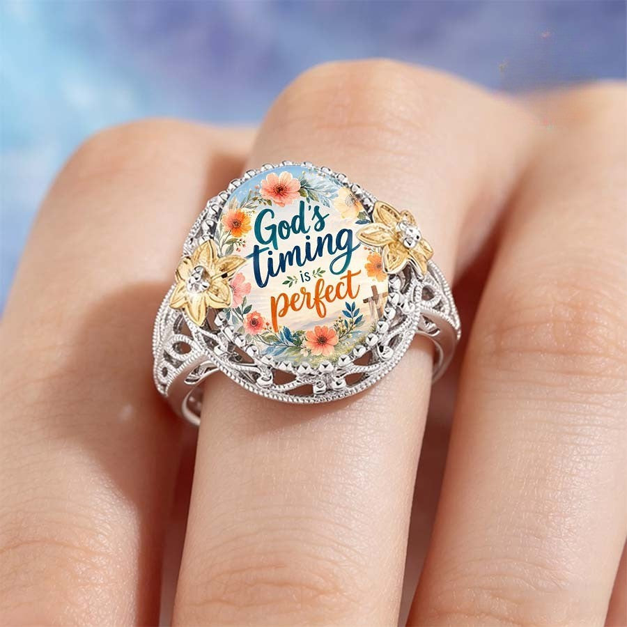 God's Timing Floral Statement Ring