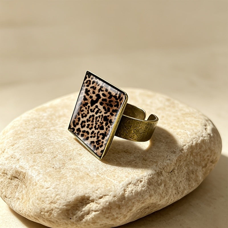 Leopard Glass Dome Square Ring