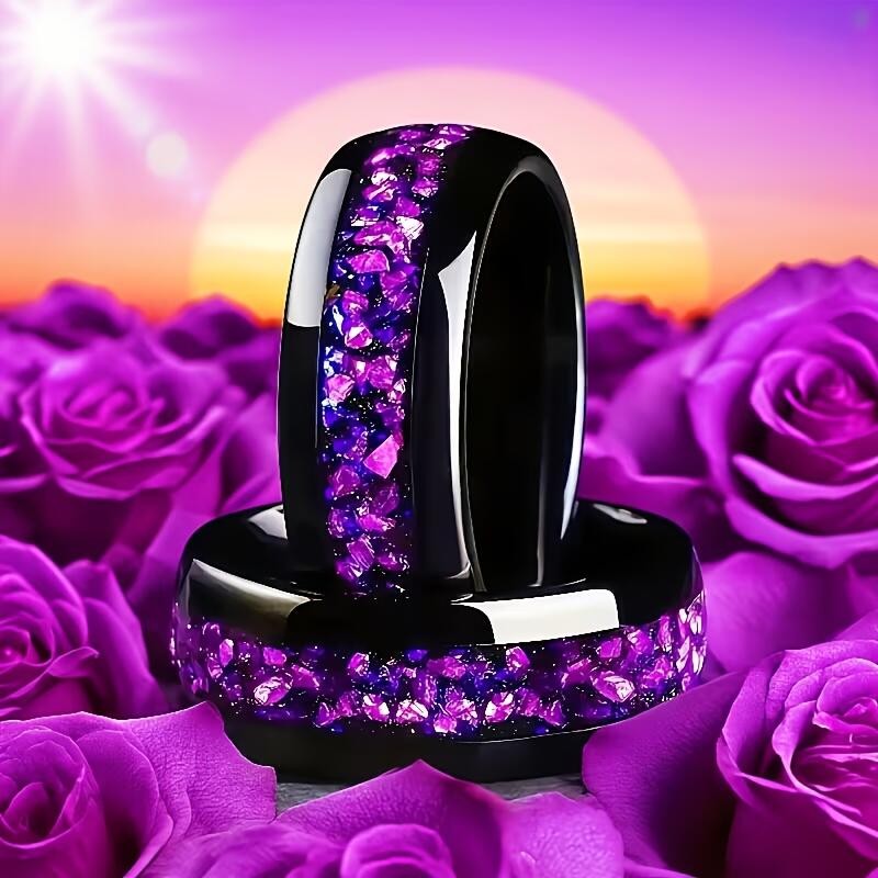 Purple Crystal Inlay Black Ring