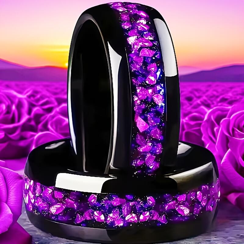 Purple Crystal Inlay Black Ring