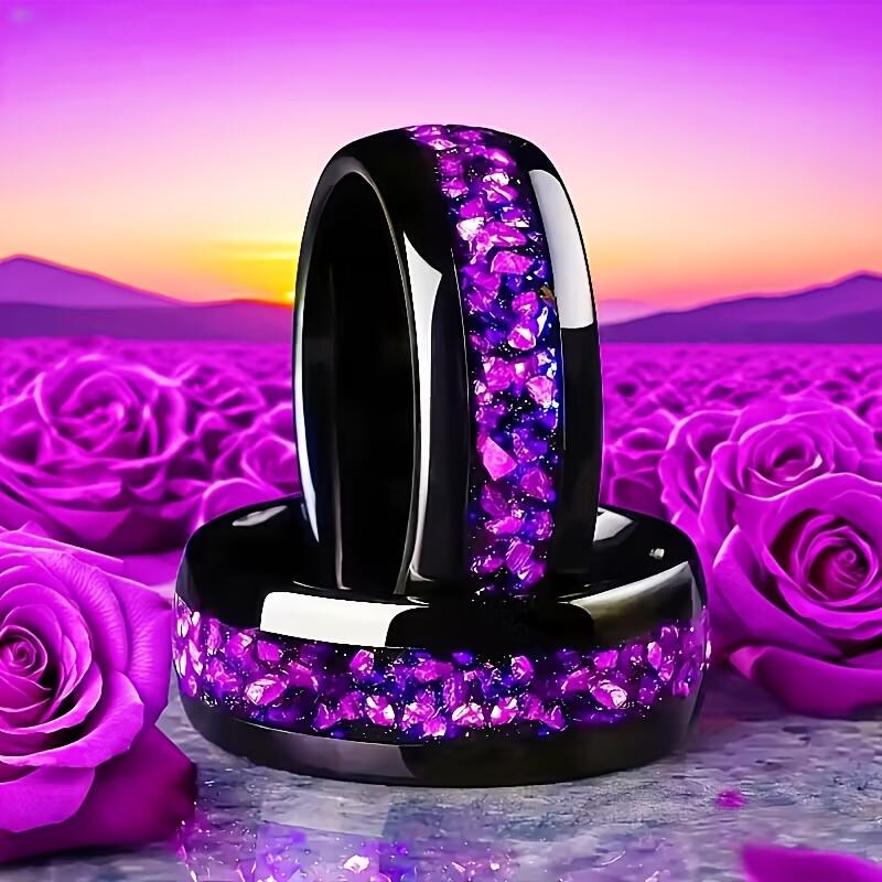Purple Crystal Inlay Black Ring