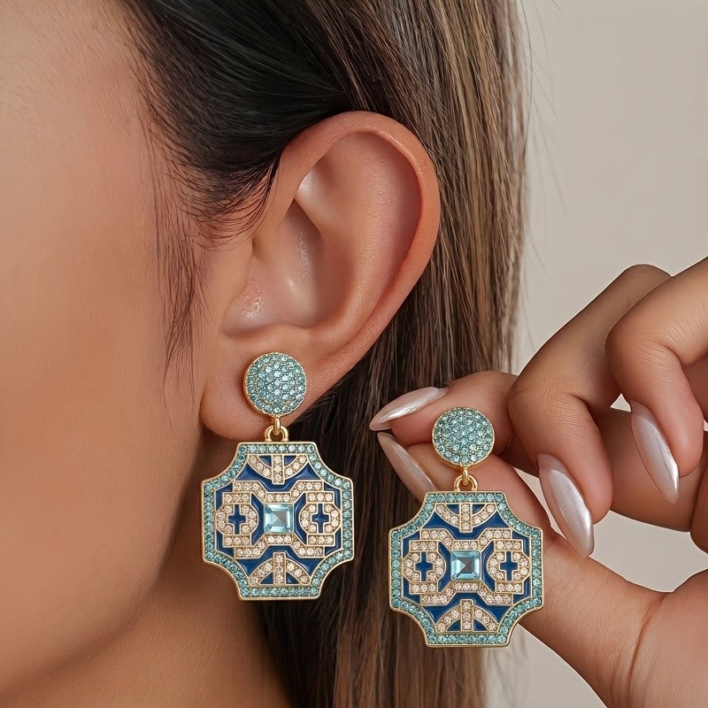 Blue Geometric Crystal Drop Earrings