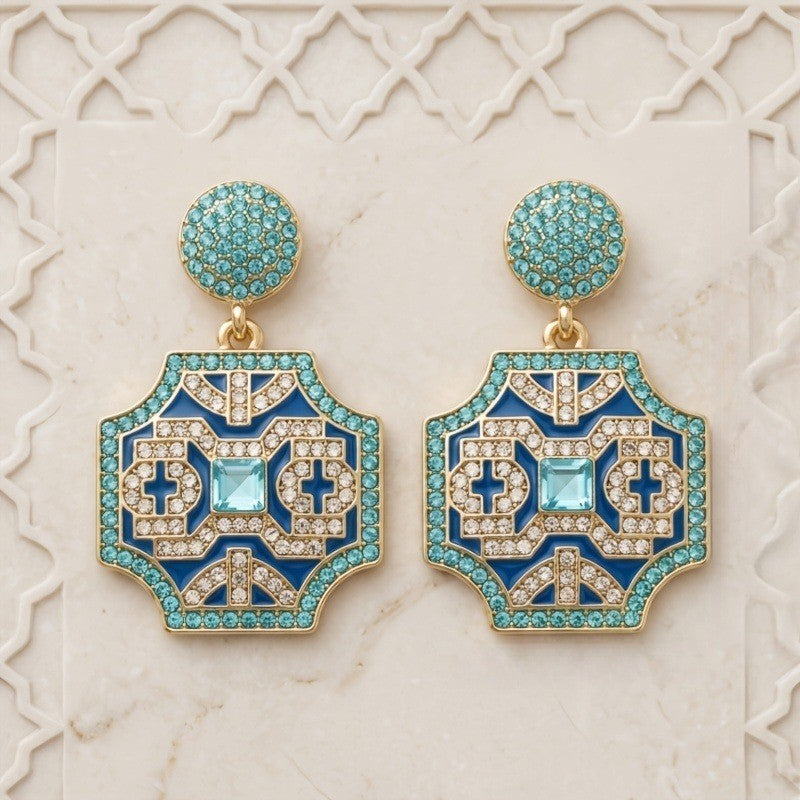 Blue Geometric Crystal Drop Earrings