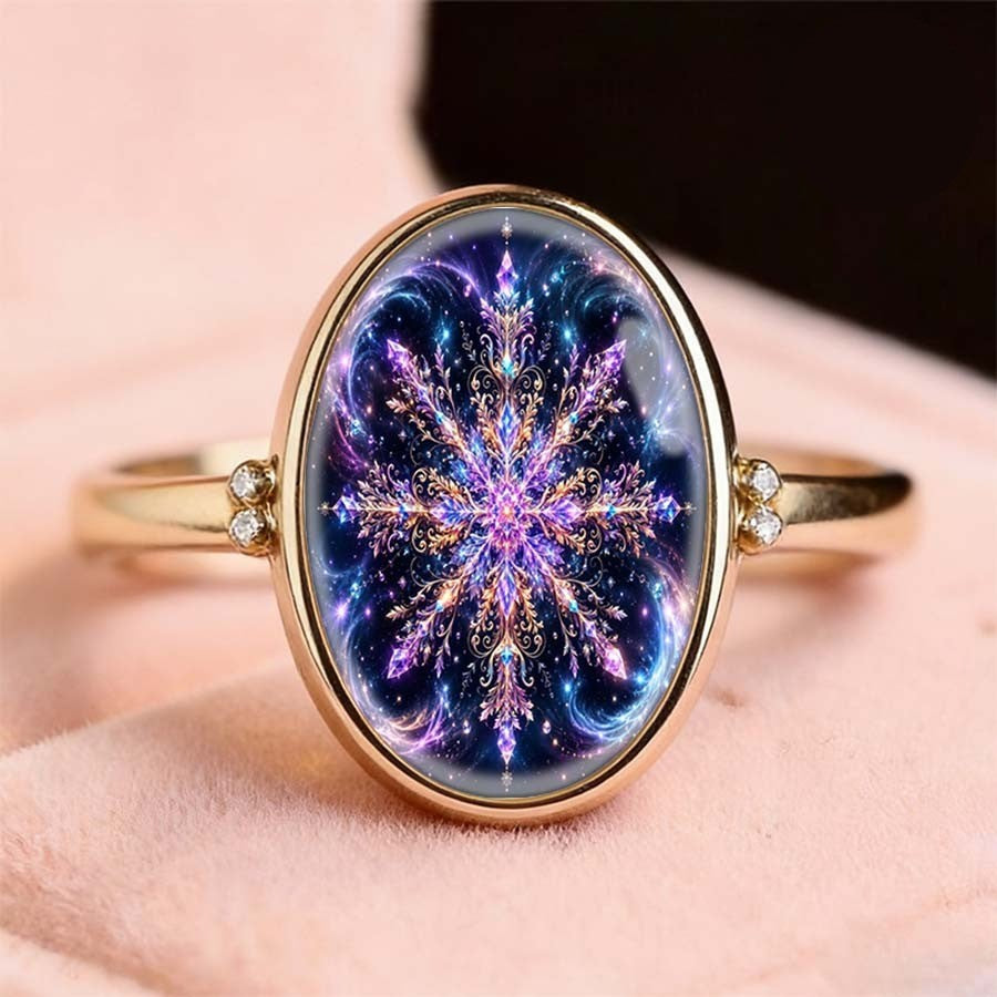 Purple Galaxy Snowflake Oval Ring