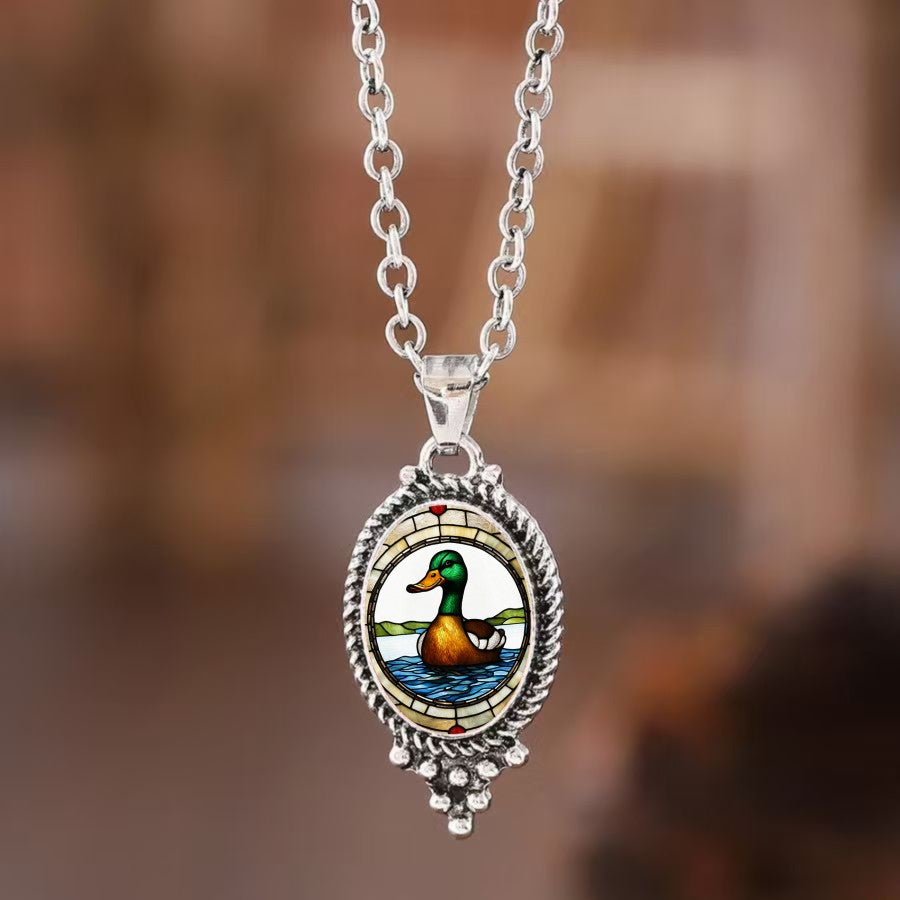 Stained Glass Mallard Oval Pendant Necklace