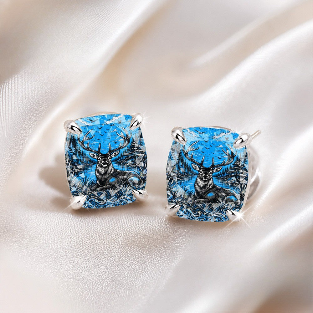 Blue Forest Deer Square Stud Earrings