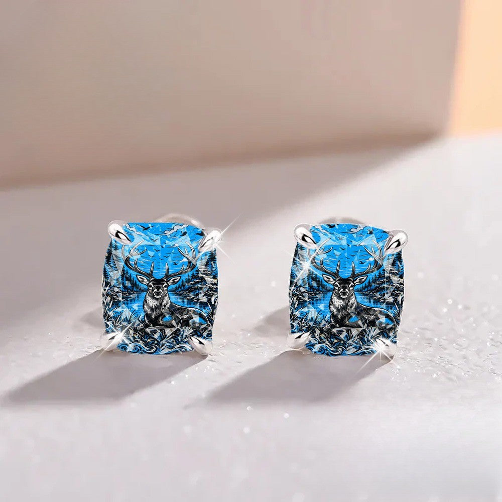 Blue Forest Deer Square Stud Earrings