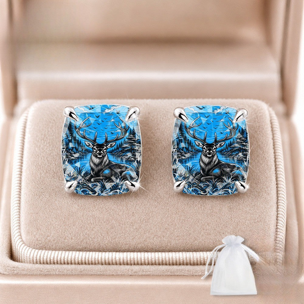 Blue Forest Deer Square Stud Earrings