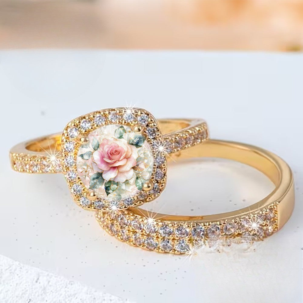 Pink Rose Square Ring Set