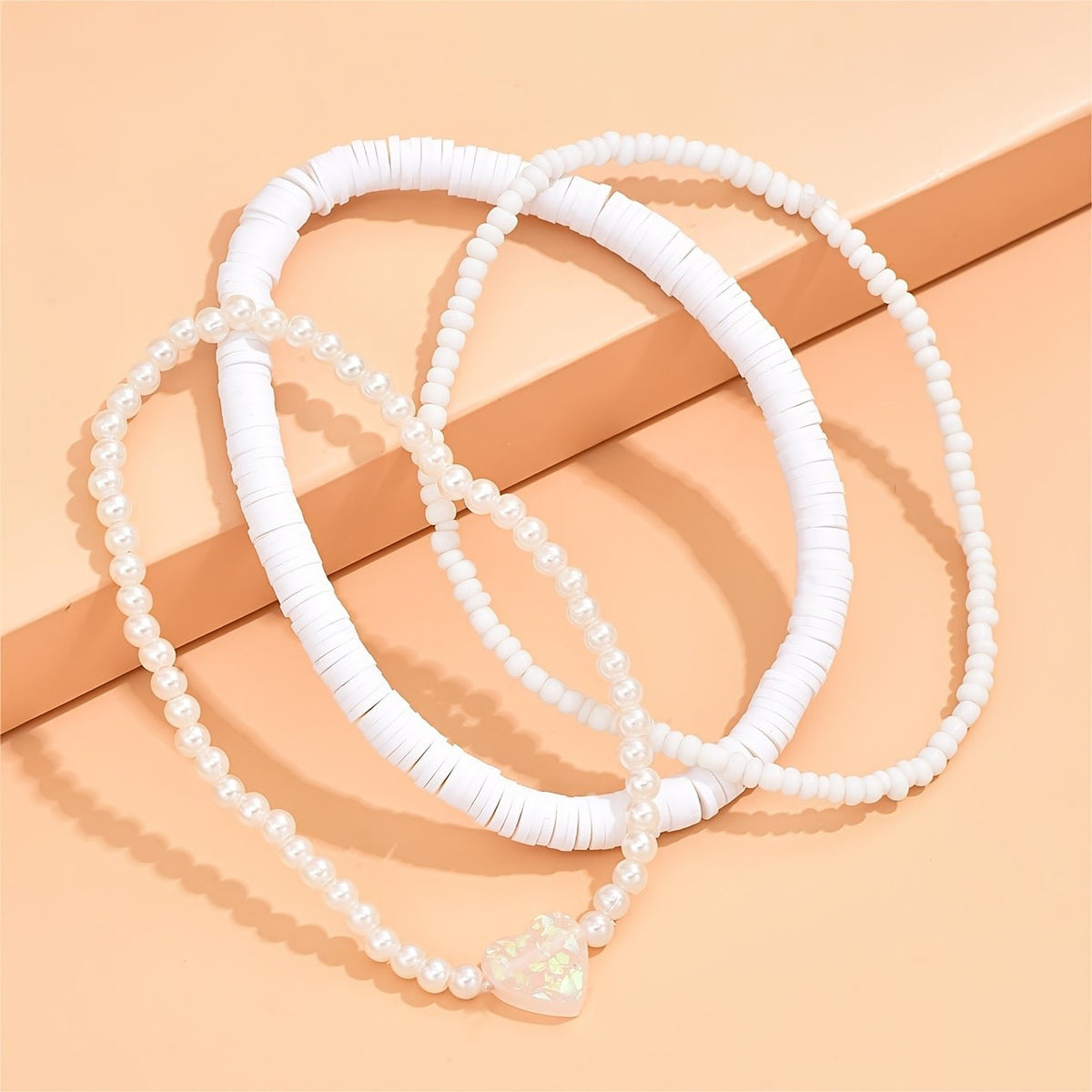 White Bead Heart Anklet Set