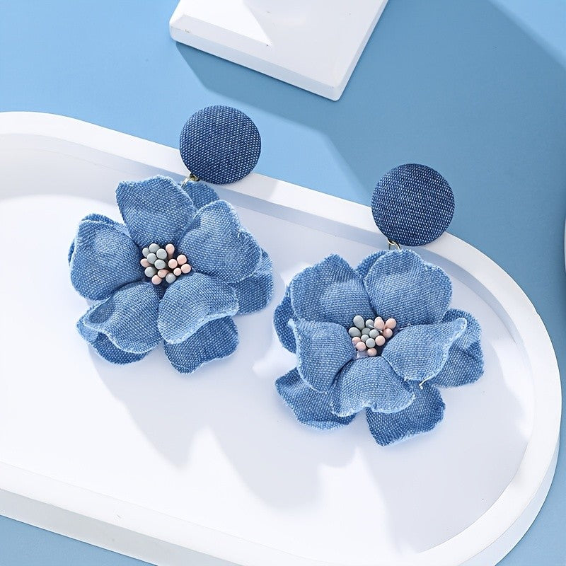 Denim Flower Drop Earrings