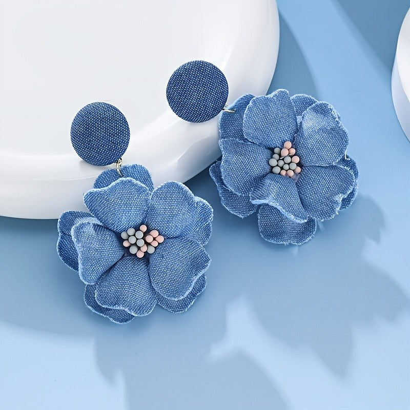 Denim Flower Drop Earrings
